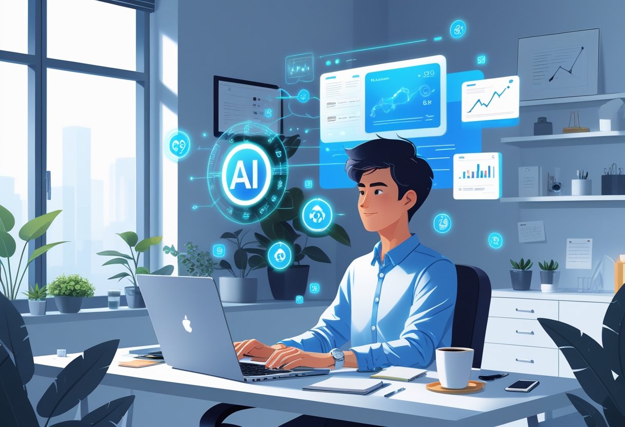 A person working on a laptop at a desk with floating digital AI icons and charts in a bright home office.