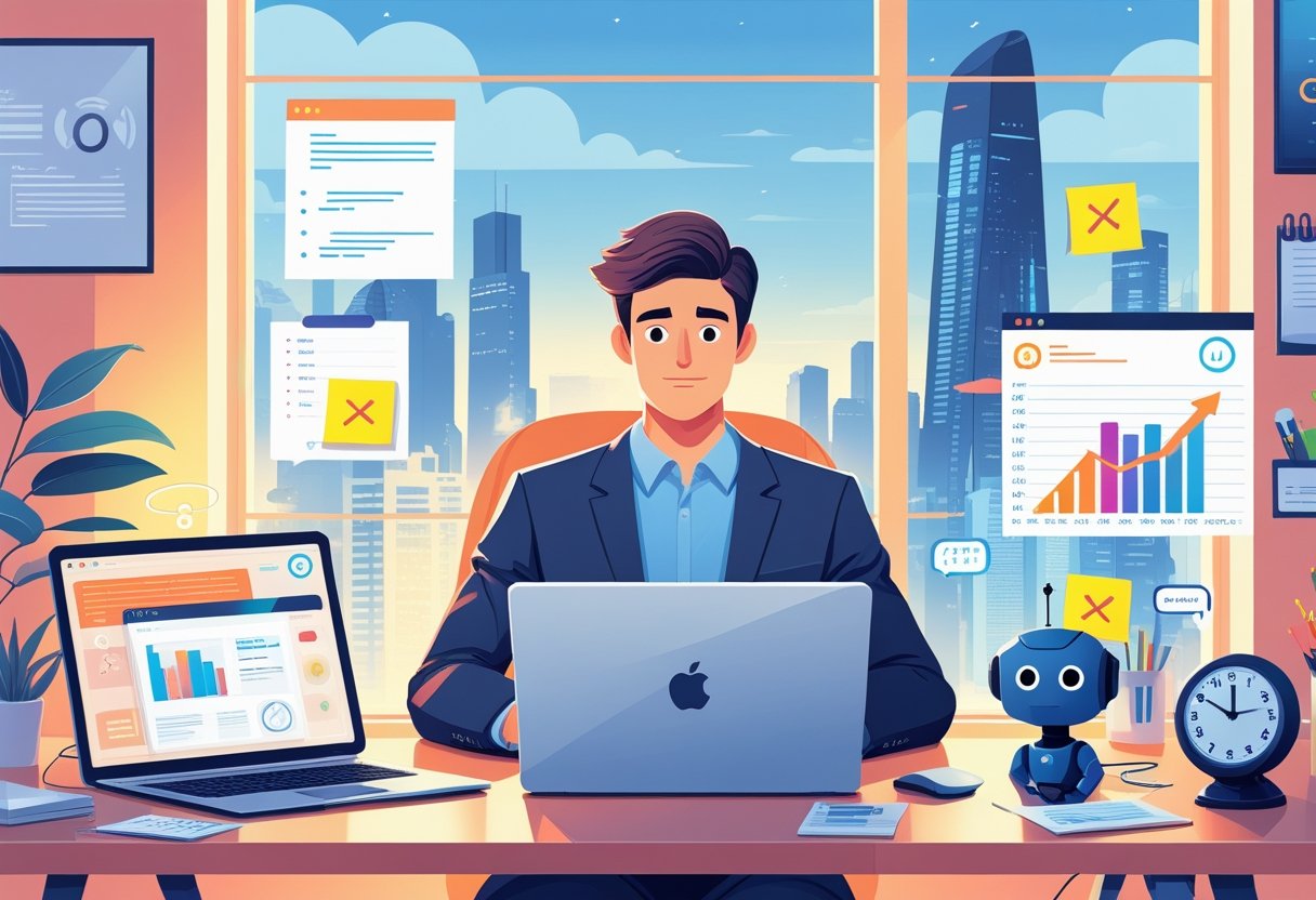 A person working at a desk with a laptop and robot assistant, surrounded by charts and notes, in a room overlooking a futuristic city.