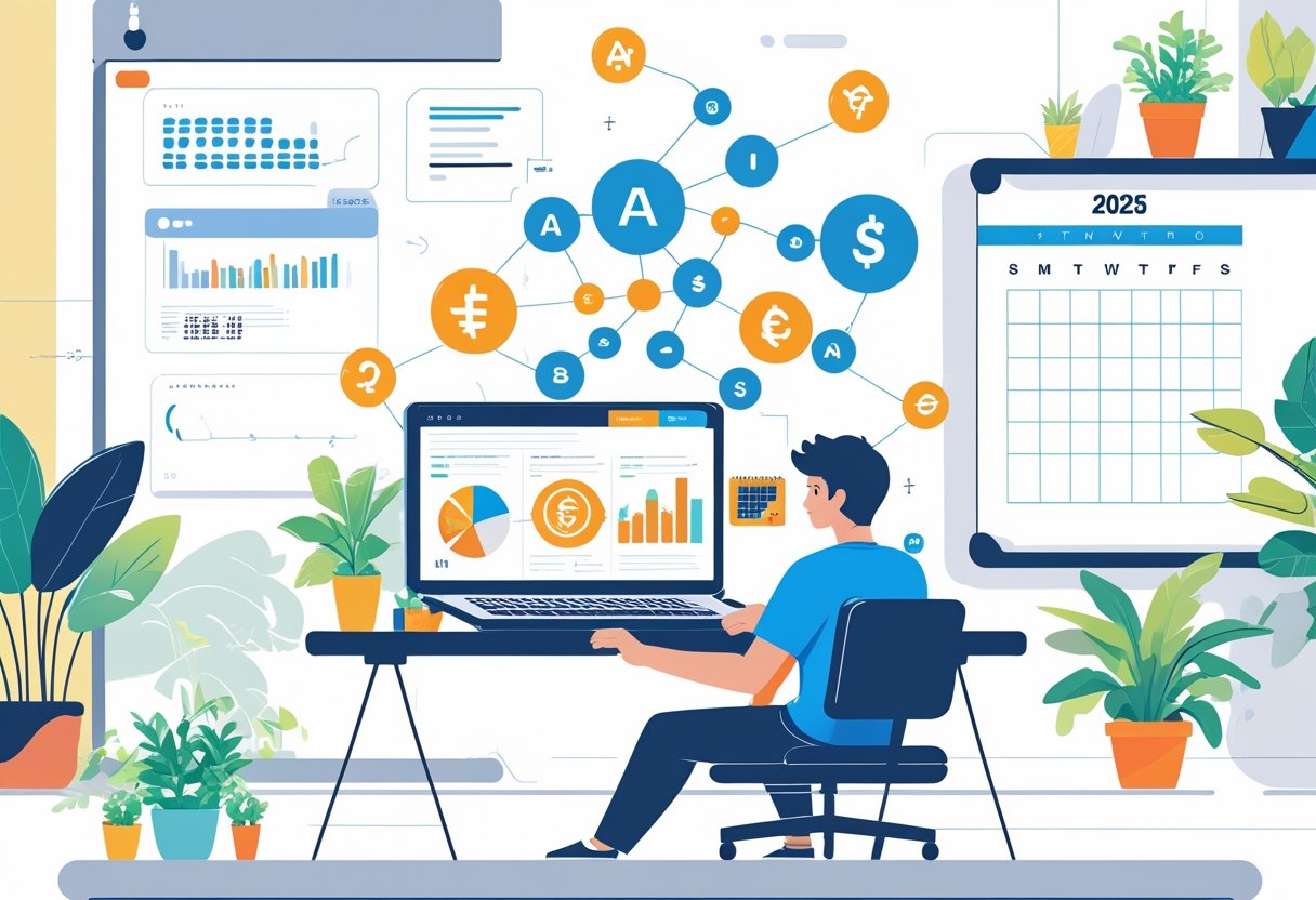 A person working at a desk with a laptop showing AI graphics, surrounded by technology icons and office items, representing starting an AI side hustle in 2025.