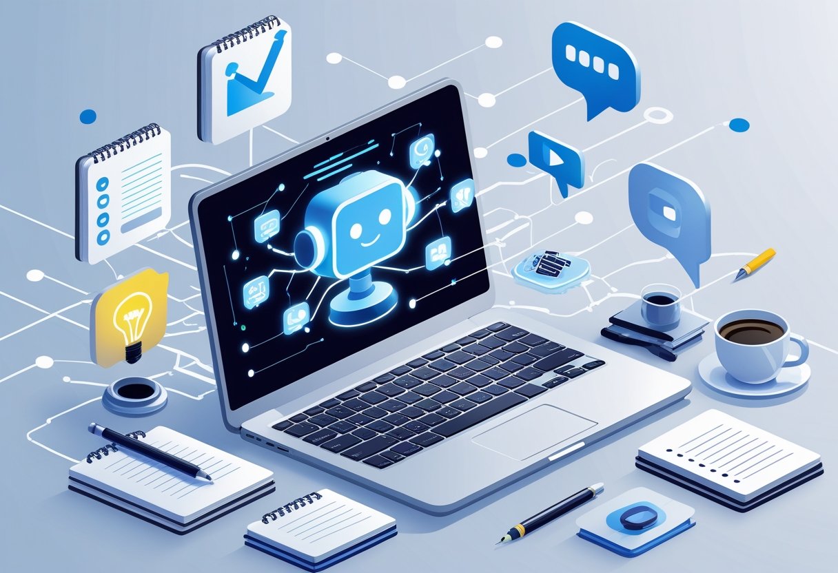 A modern workspace with a laptop showing an AI chatbot interface surrounded by icons representing blog post ideas and creative tools on the desk.