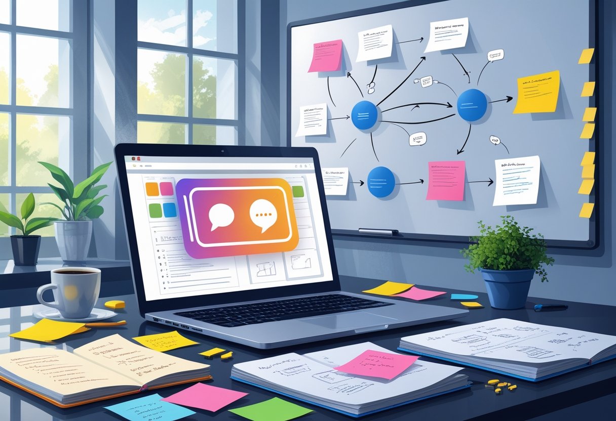 A workspace with a laptop showing a chat interface, surrounded by notes, notebooks, a coffee cup, a plant, and a board with idea diagrams.