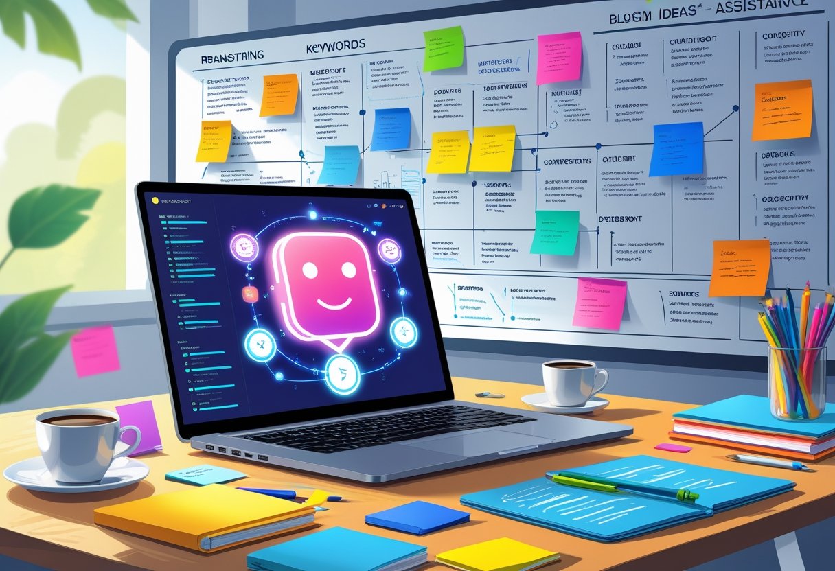 A modern workspace with a laptop showing a chatbot interface, surrounded by sticky notes, notebooks, and a whiteboard filled with brainstorming ideas.