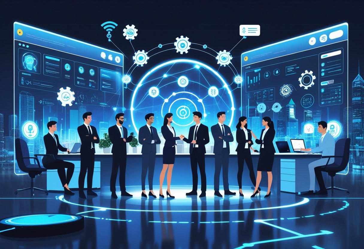 A group of diverse business people working together with digital AI icons and futuristic technology elements around them in a modern office.