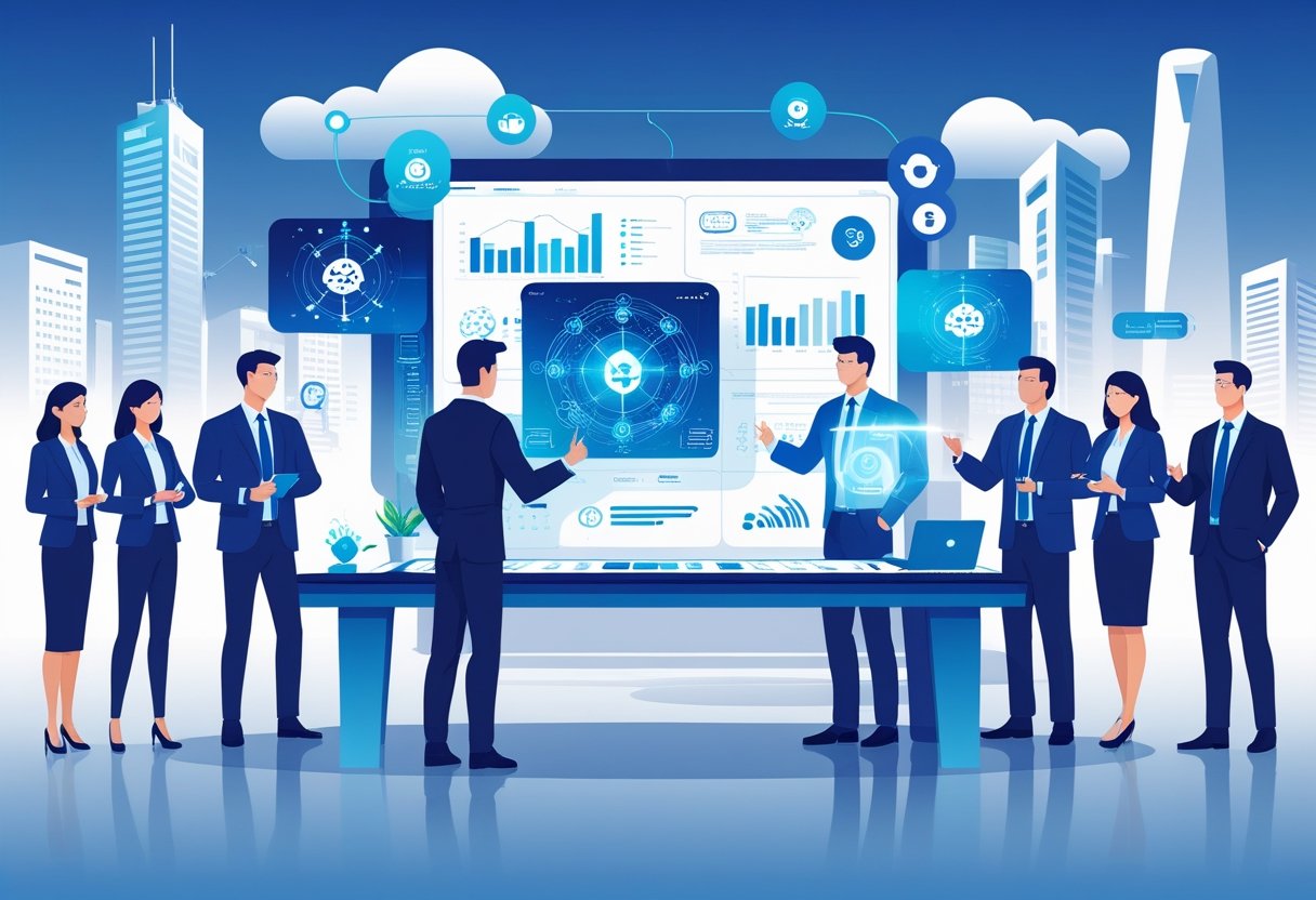 A group of business professionals working together around a digital table displaying AI-related graphics, set against a cityscape with futuristic buildings and technology elements.