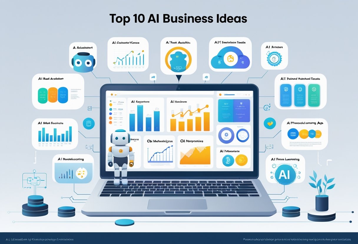 A modern workspace with a laptop surrounded by icons representing ten different AI business ideas, including robots, data charts, chatbots, and healthcare tools.