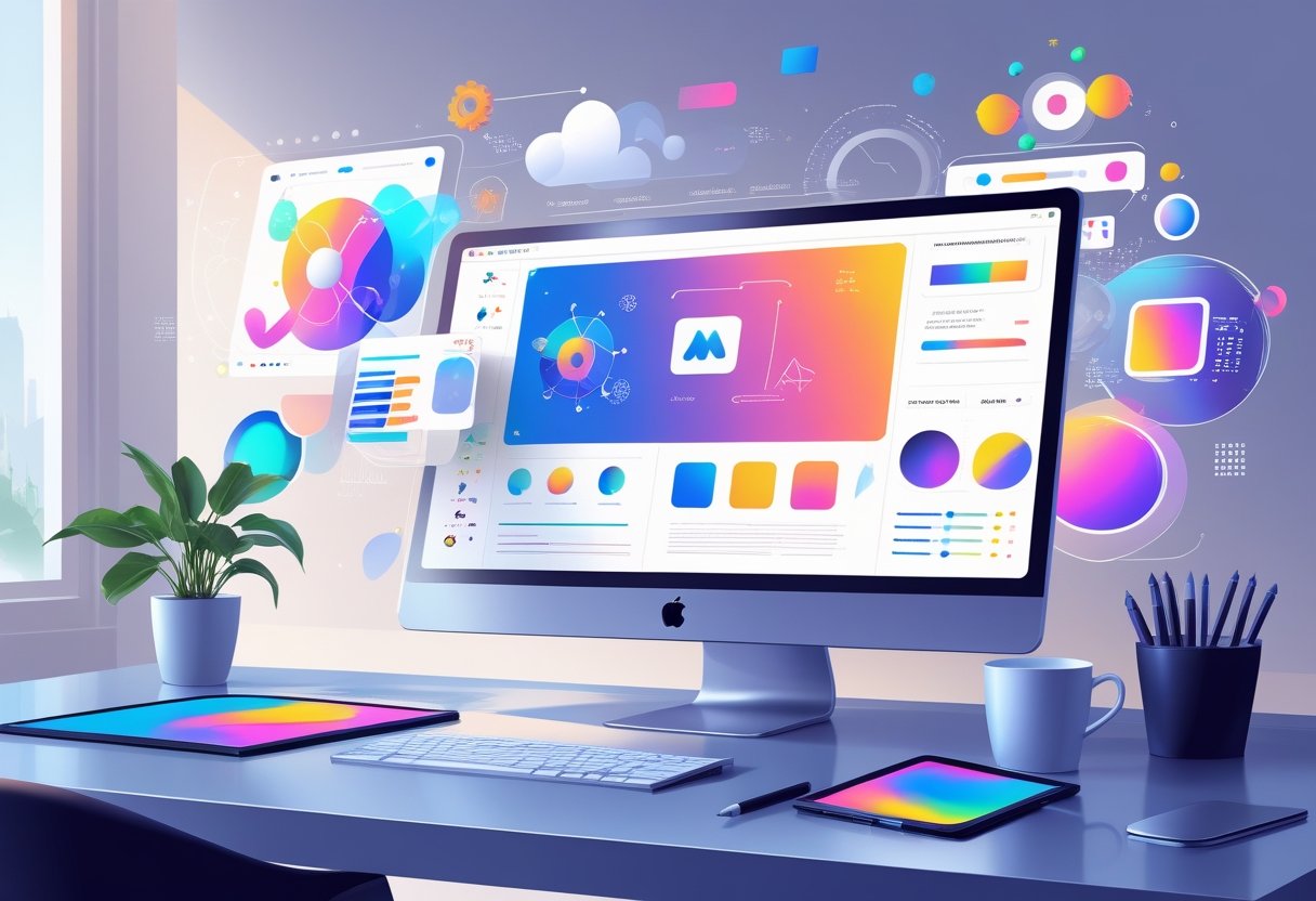 A modern workspace with a computer displaying a colourful social media graphic, surrounded by design tools and AI-related icons.