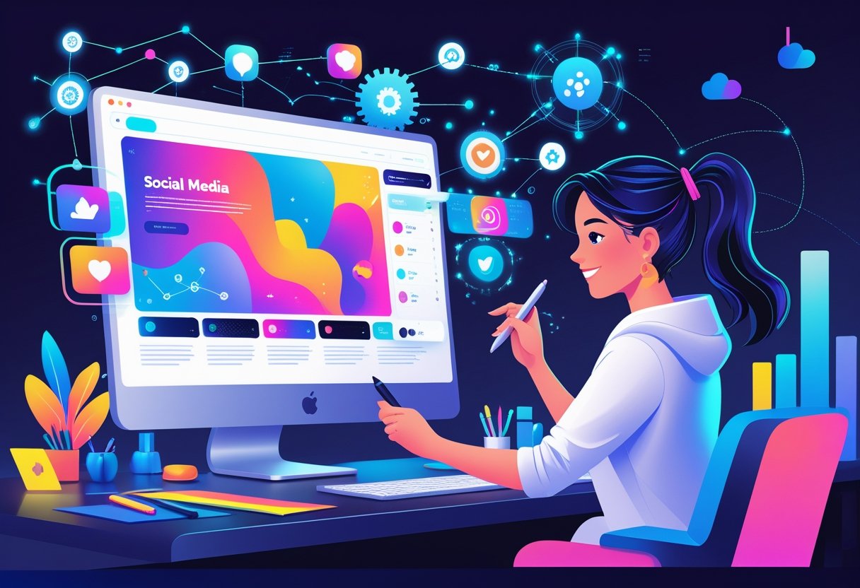 A designer working at a computer creating colourful social media graphics with floating AI technology icons around, symbolising collaboration between human creativity and artificial intelligence.