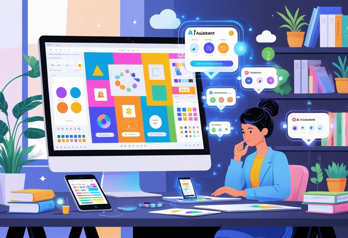 A person working at a desk with a computer and digital devices, surrounded by design elements and holographic icons representing AI tools for creating social media graphics.