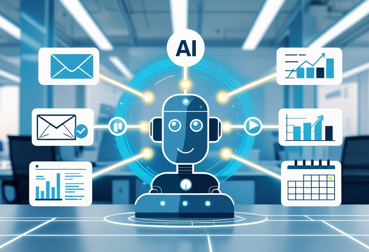 An illustration showing a central AI symbol connected to five icons representing different marketing automation tasks including email, social media, analytics, chatbot, and scheduling.