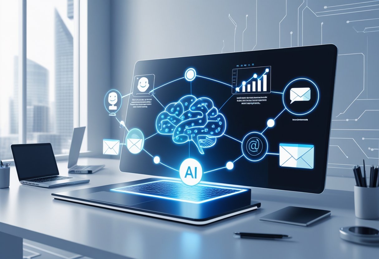 A modern workspace showing five icons linked to a central AI brain, representing different automated marketing tools like chatbots, analytics, scheduling, email, and advertising.