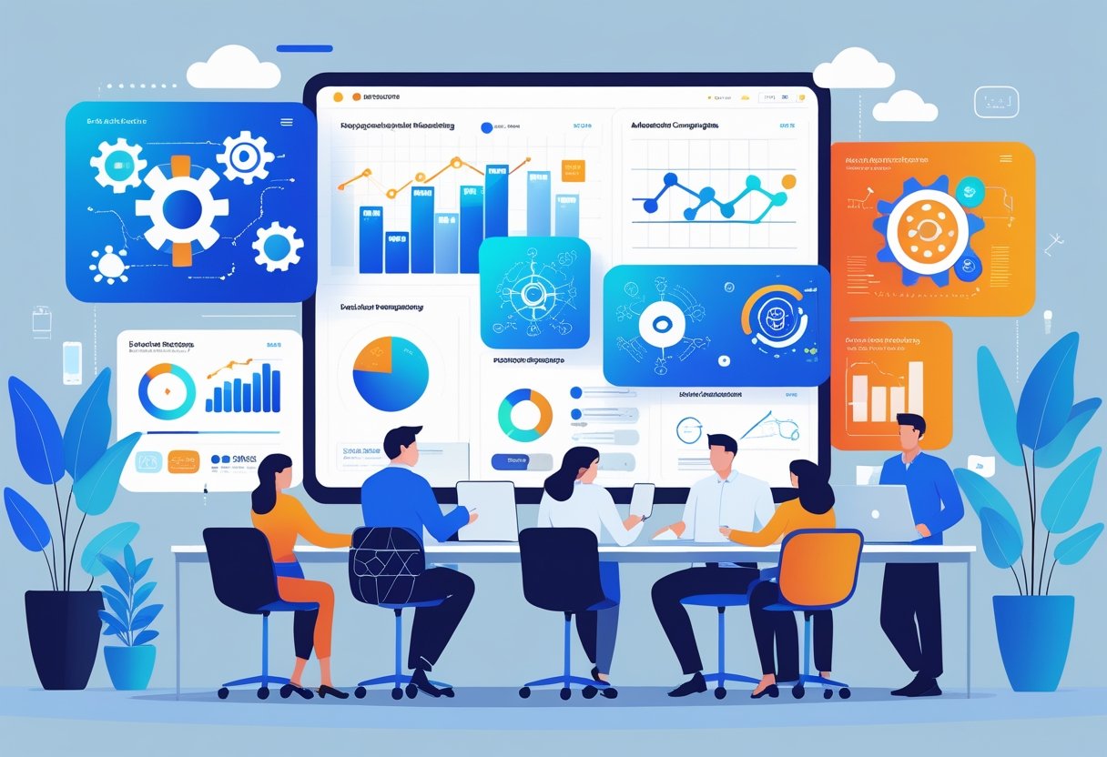 A group of professionals working together around a large digital screen displaying charts and AI icons, illustrating five ways AI can automate marketing tasks.