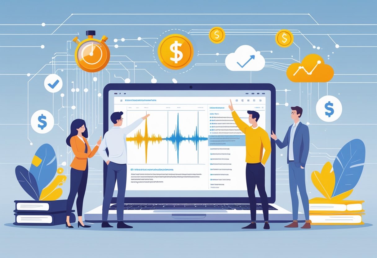 A group of professionals in an office looking at a laptop showing audio waveforms and transcription text, surrounded by icons representing speed, accuracy, cost-efficiency, and convenience.