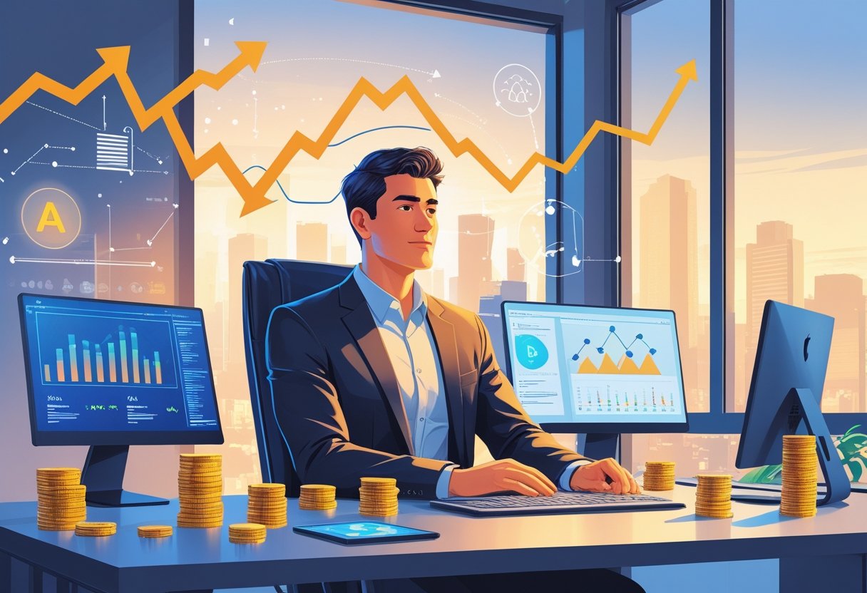 A person working at a desk with multiple computer screens showing data and graphs, surrounded by symbols of business growth and technology, in a modern office with a city view.