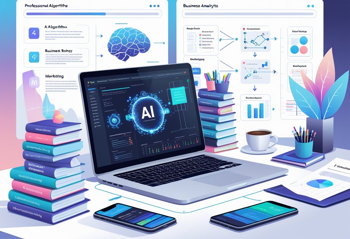 A modern workspace with a laptop showing AI data, surrounded by books, a smartphone, a calendar, a coffee cup, and a whiteboard with flowcharts, representing tools and resources for growing an AI side business.