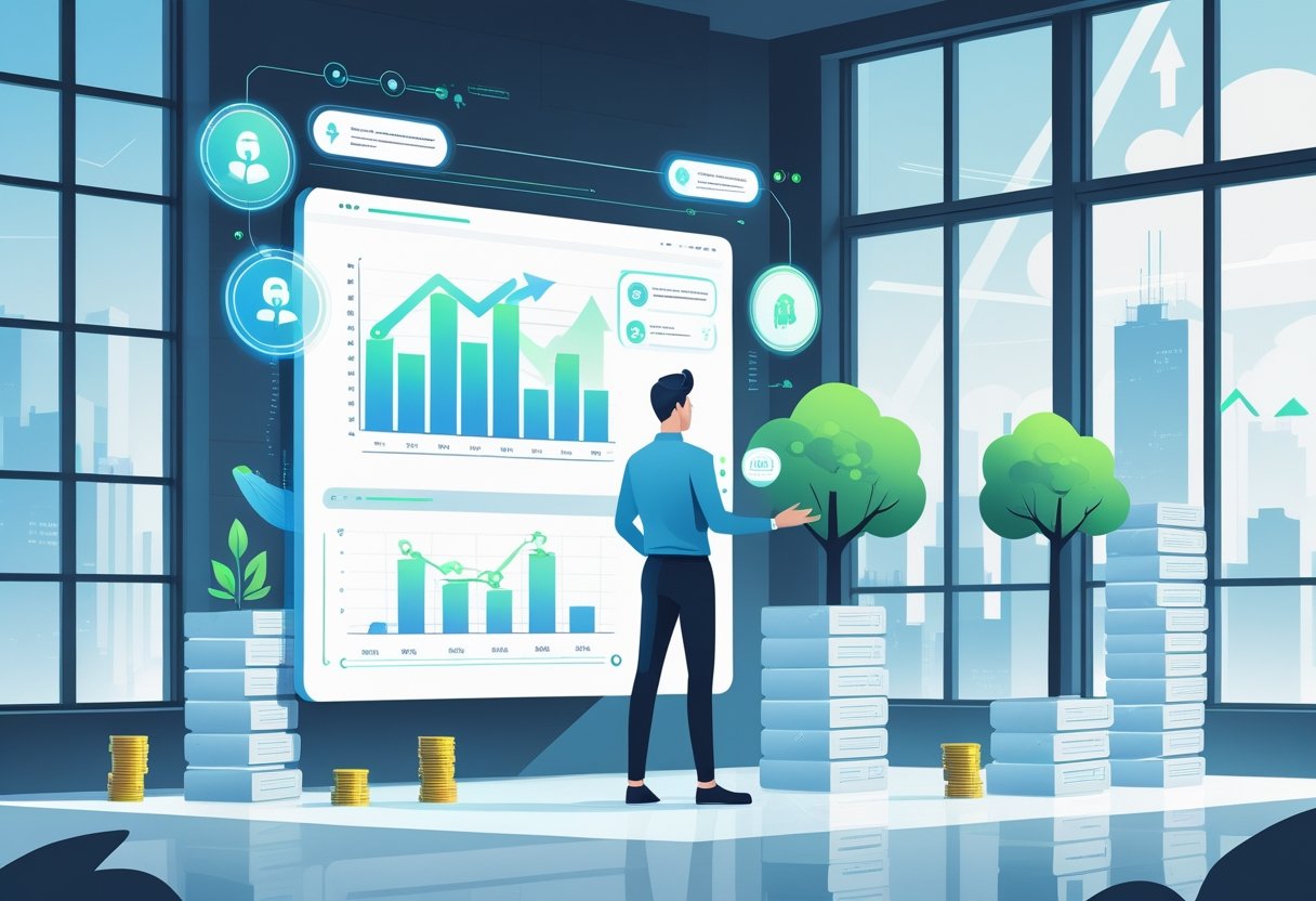 An entrepreneur in a modern office using futuristic digital displays showing business growth and AI technology, with symbols of progress like a growing plant and rising charts.