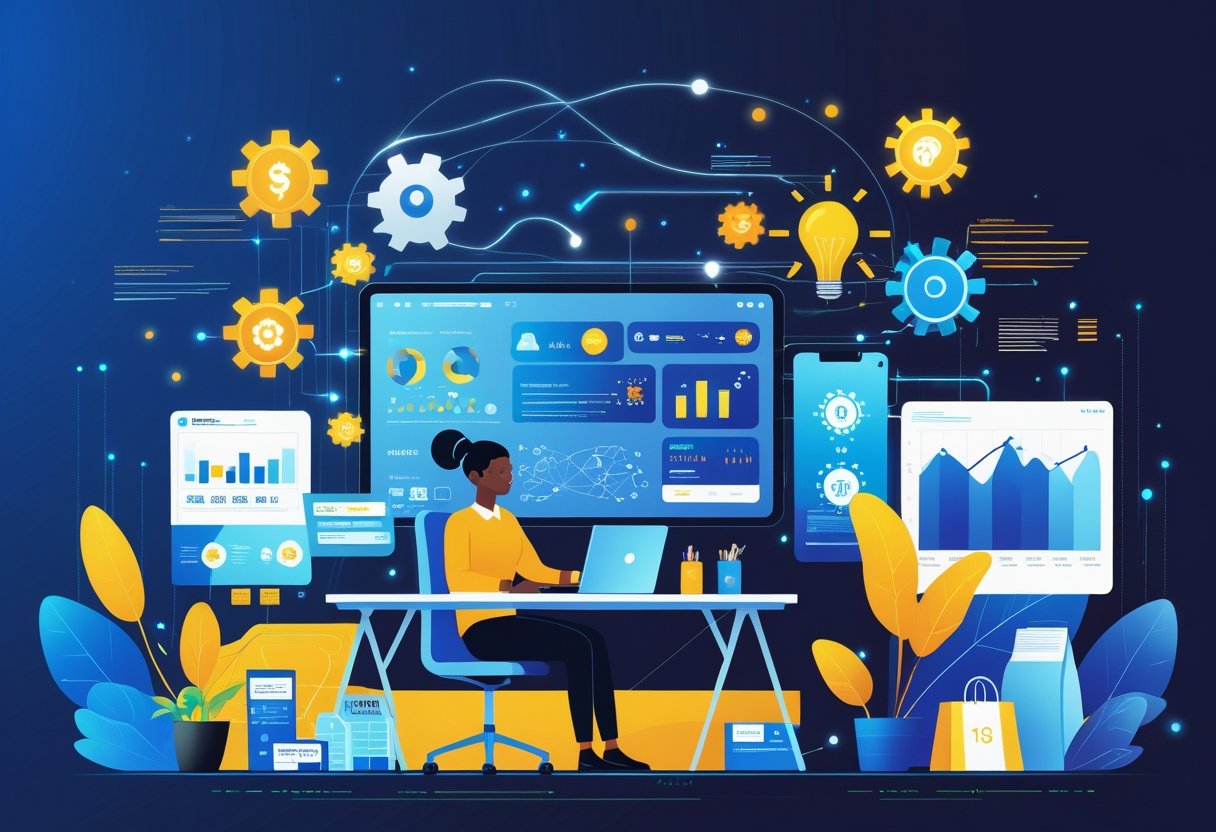 A small business owner working at a desk with a laptop surrounded by symbols of AI technology and business growth.