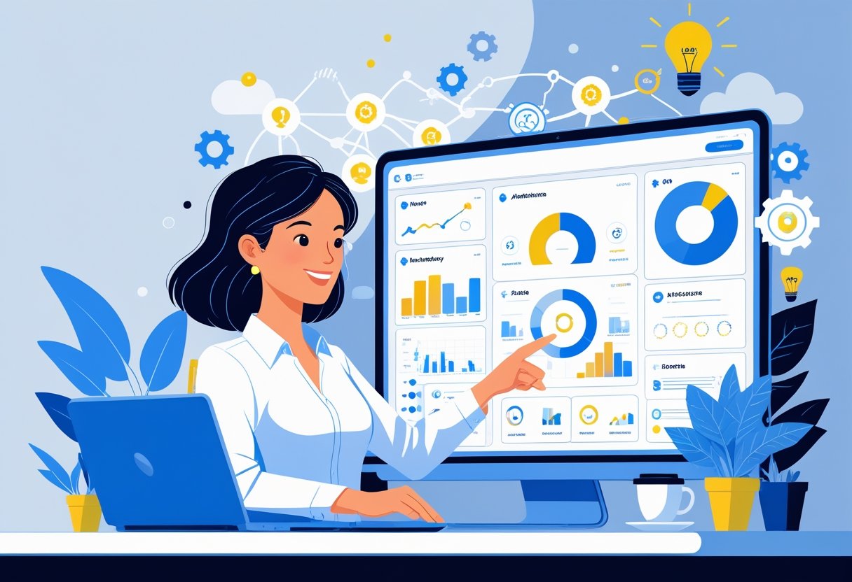 A small business owner working with a digital interface showing charts and icons representing AI technology in a modern office setting.