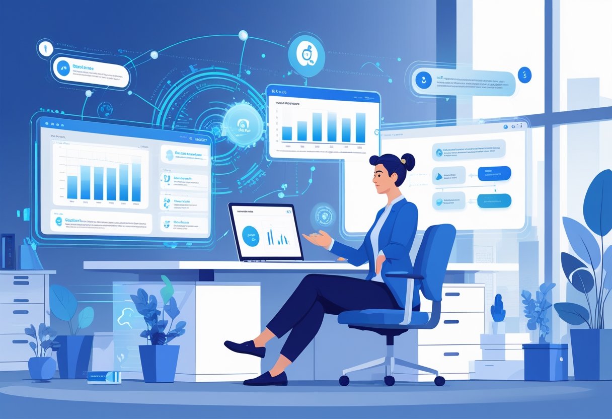 A small business owner working at a desk using a laptop and smart devices with digital charts and icons representing AI tools and productivity around them.