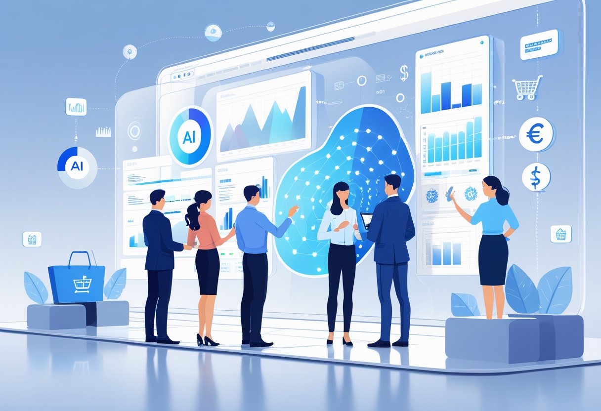 A group of professionals analysing data on a large digital screen with shopping icons floating around, representing AI optimisation of an online store.