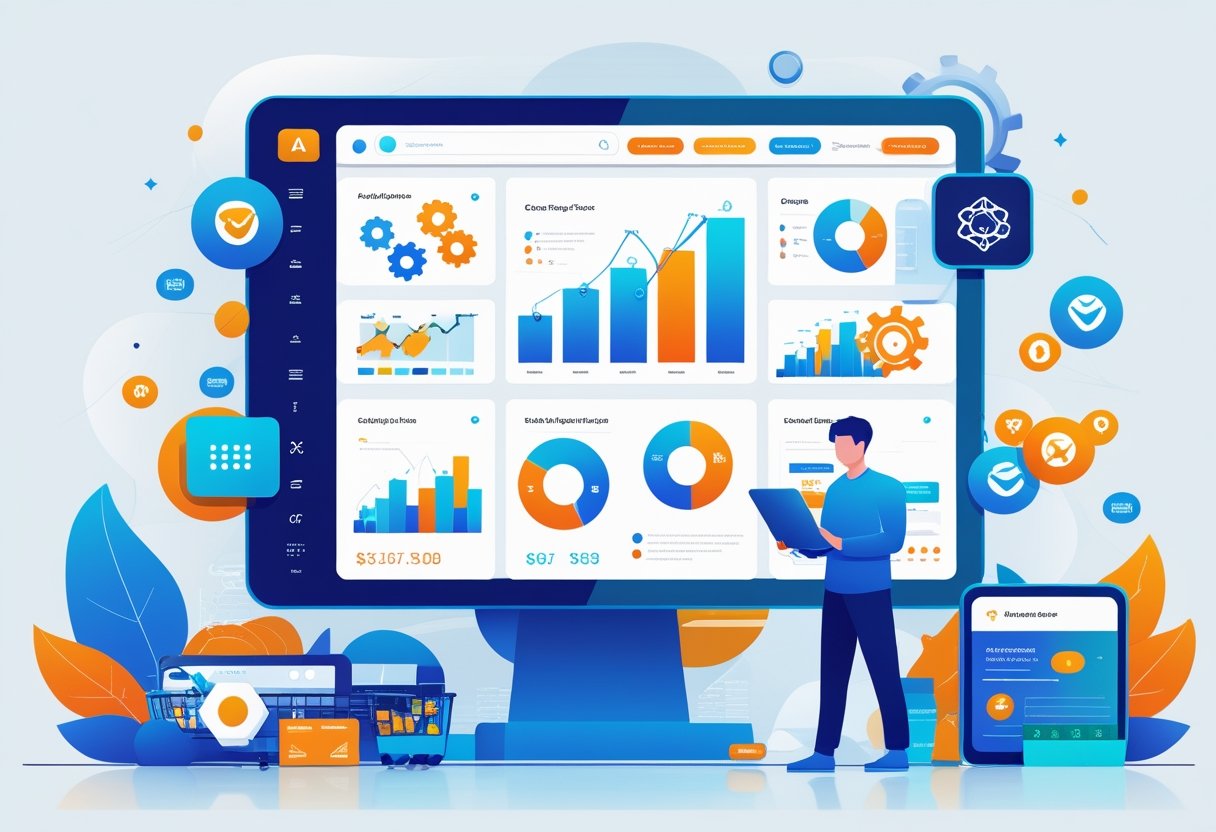 A person analysing data on a computer screen with charts and AI icons, surrounded by symbols representing common mistakes to avoid in e-commerce store optimisation.