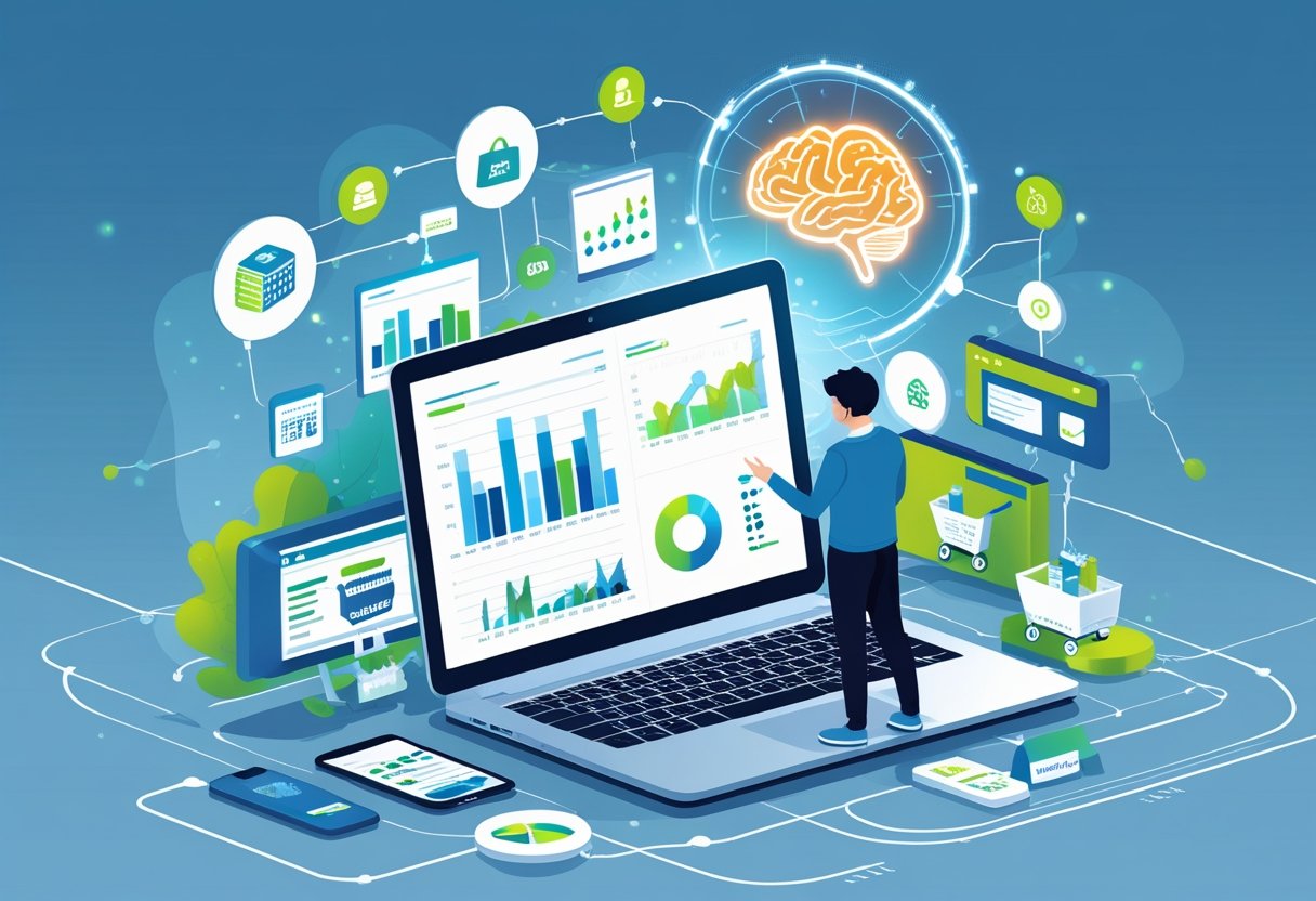 A person working at a laptop surrounded by e-commerce icons and a glowing AI brain symbol, representing the use of artificial intelligence to optimise an online store.