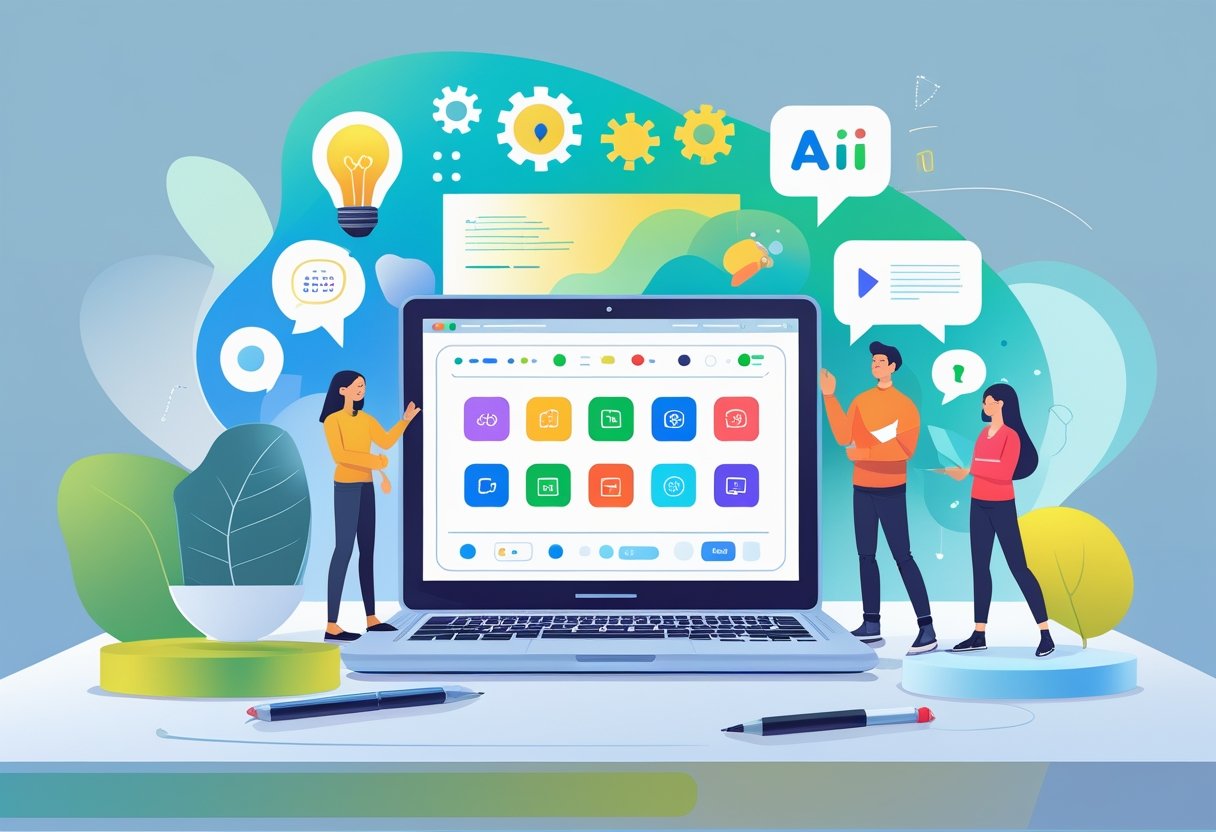 A group of people working together around a laptop showing AI tool icons in a bright, welcoming workspace.