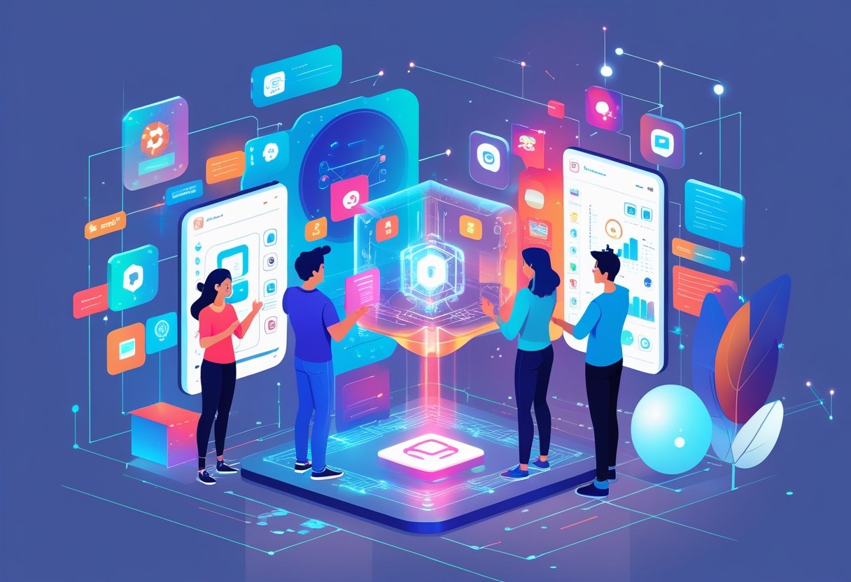 People interacting with futuristic digital tools and holographic AI interfaces in a bright modern workspace.