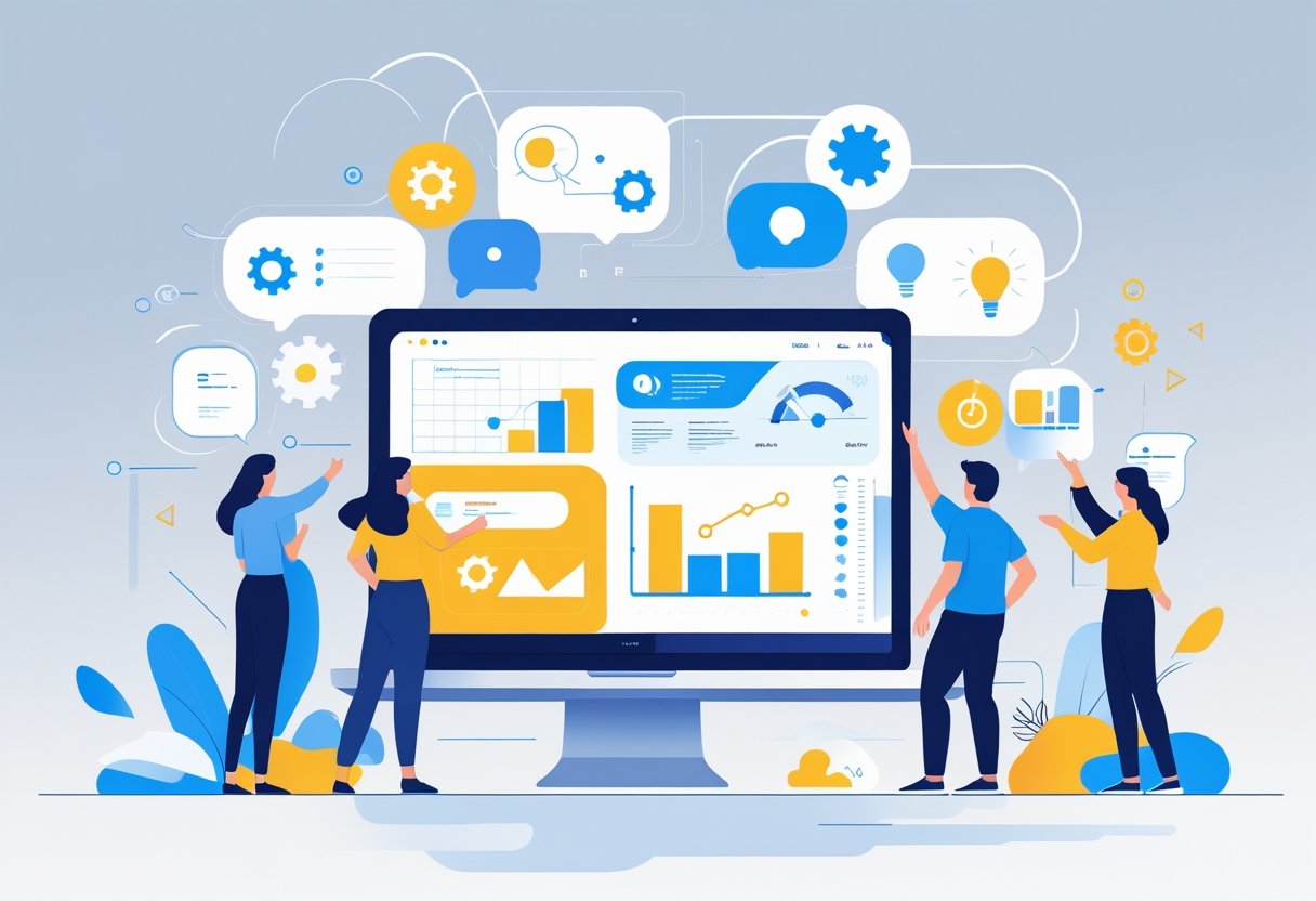 A group of people working together at a desk with a laptop showing AI-related icons and charts, surrounded by floating digital symbols representing AI tools.