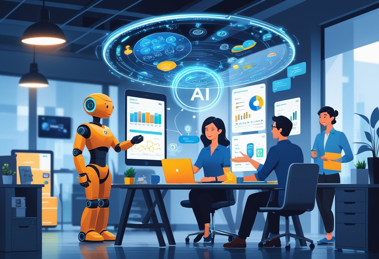 A small business office where people work alongside an AI robot and use holographic data displays to manage their work.