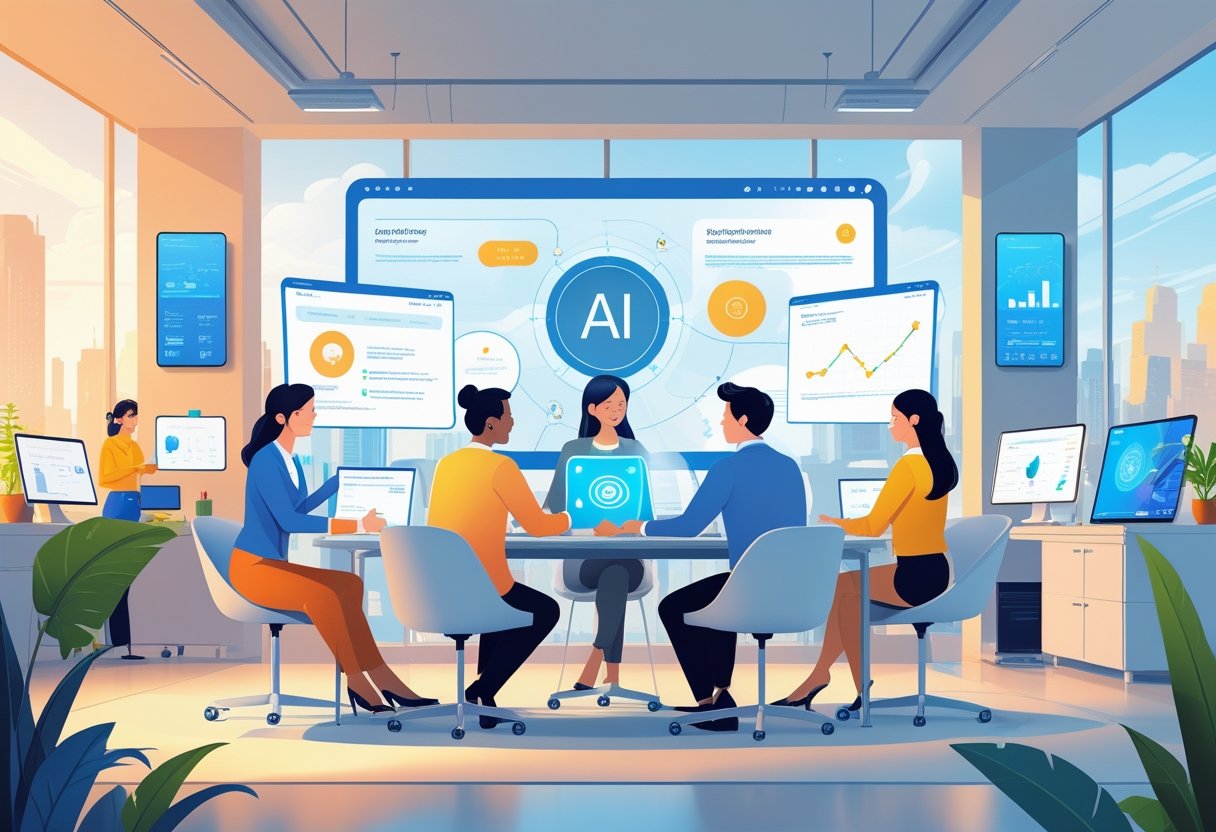 A group of small business people working together with advanced AI technology in a bright office, surrounded by holographic displays and robotic assistants.