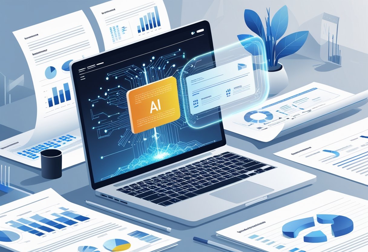 A workspace with a laptop showing a glowing AI network above the keyboard, surrounded by research papers and graphs, with a holographic interface displaying summarised information.