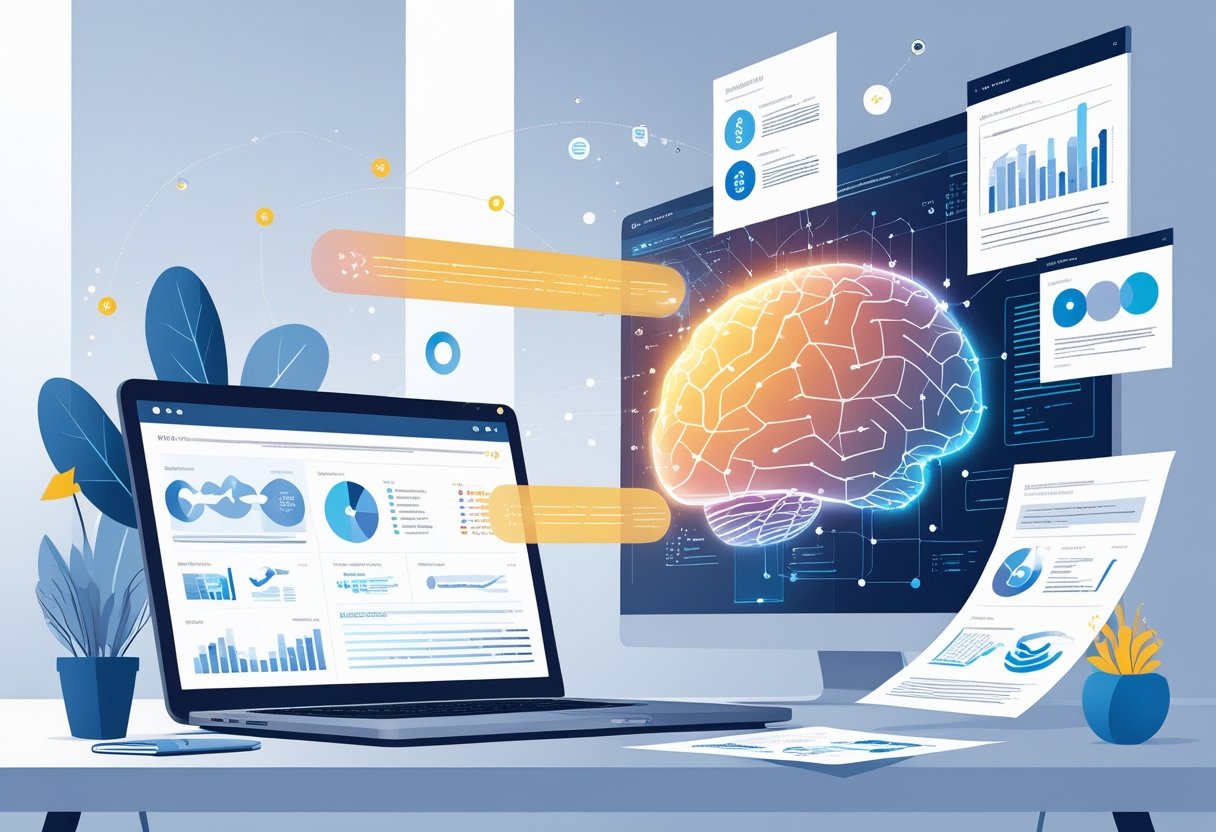 A workspace with a laptop showing research data, a holographic AI brain projecting summaries, and floating symbols representing data and analysis.