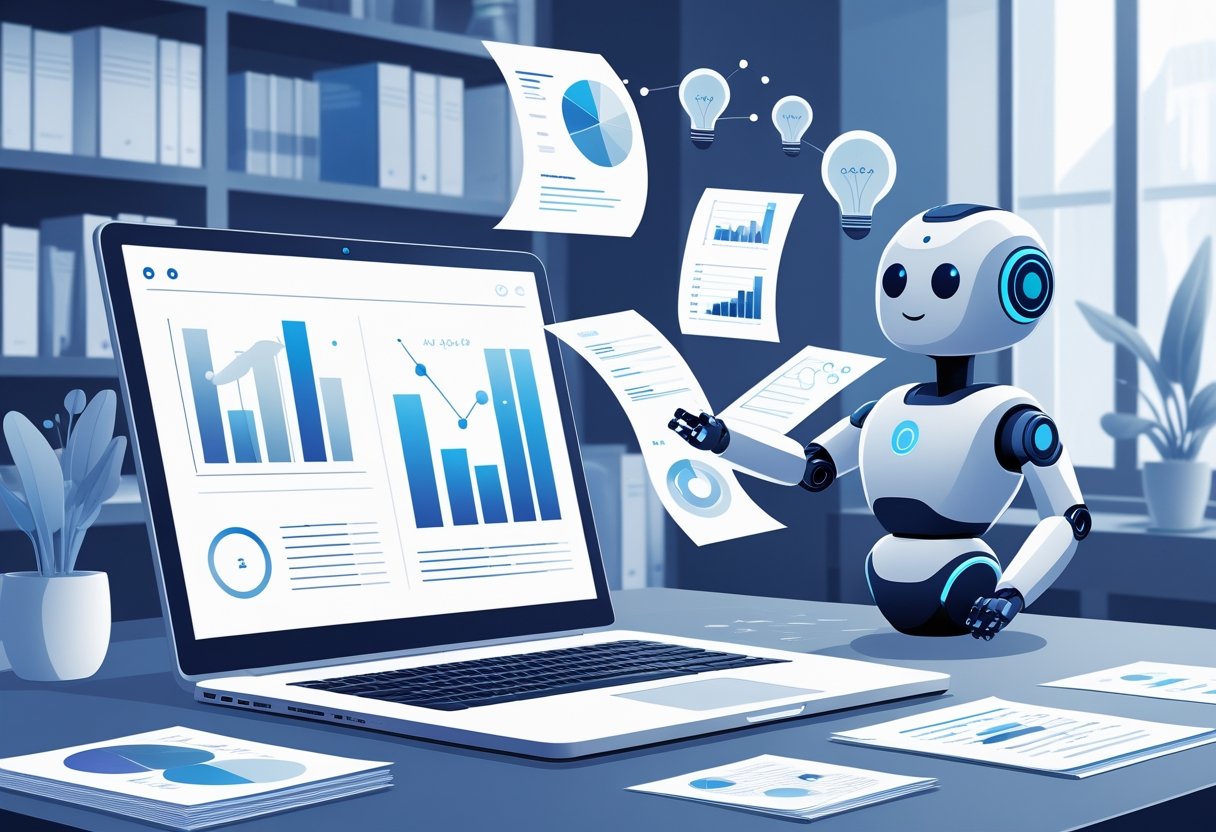 A workspace with a laptop and an AI assistant organising floating research papers and documents, surrounded by books and charts.