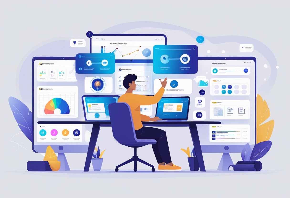 A person working at a modern desk using futuristic digital interfaces showing AI tools and creative elements related to personal branding.