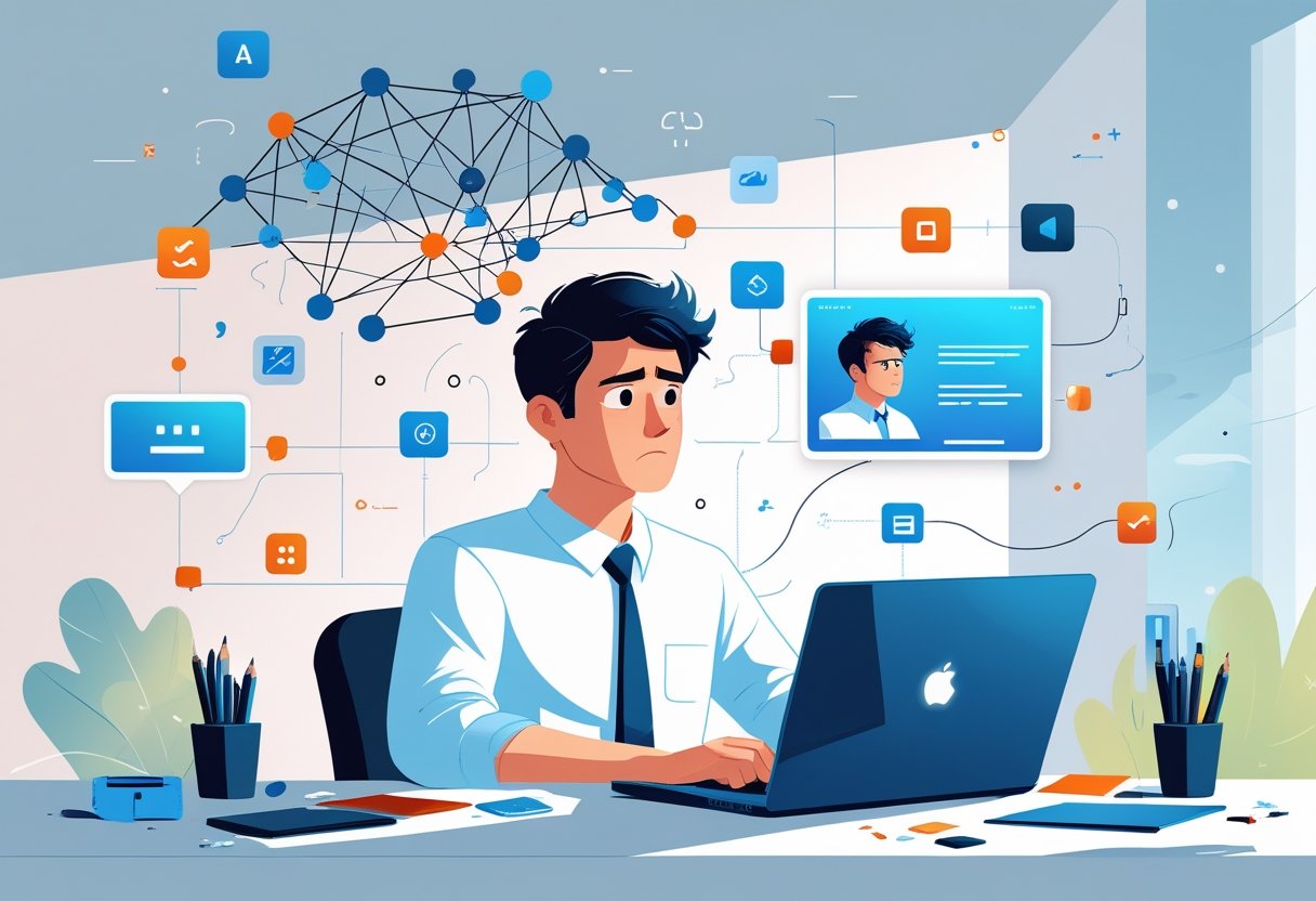 A young professional sitting at a desk with a laptop, surrounded by floating AI icons and digital elements, looking thoughtful with scattered puzzle pieces and a tangled web symbolising challenges in creating a personal brand.