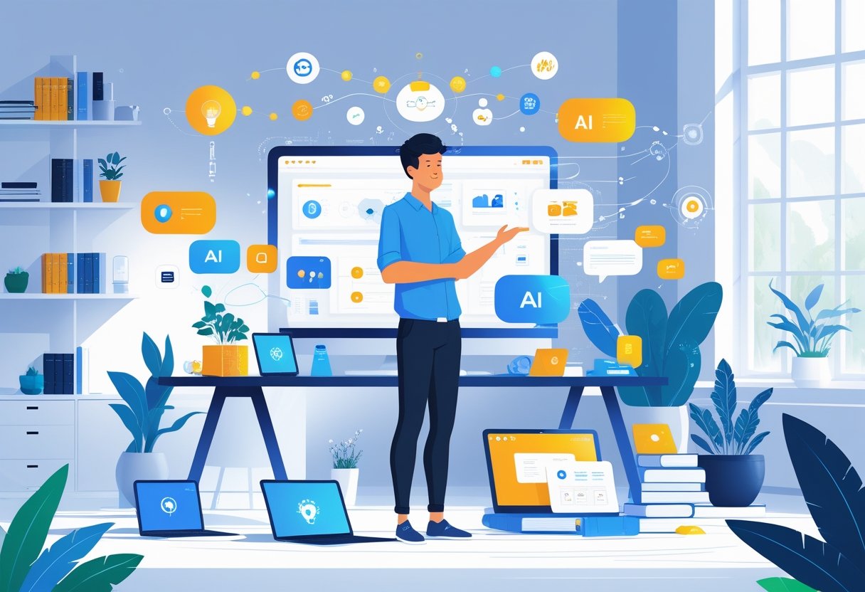 A person in a bright workspace using digital devices and holographic interfaces surrounded by icons representing creativity and technology.