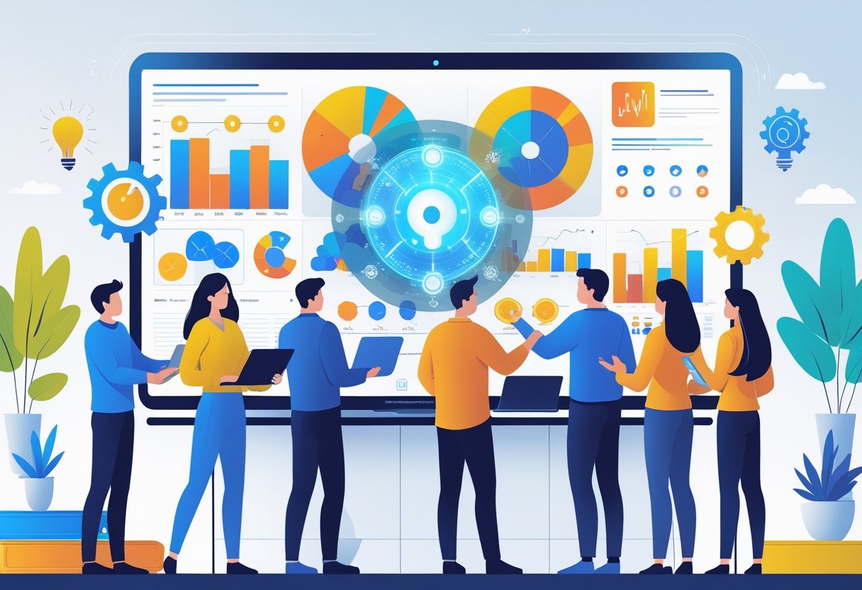 A group of people working together in an office with a large digital screen showing charts and graphs, assisted by a holographic AI interface.