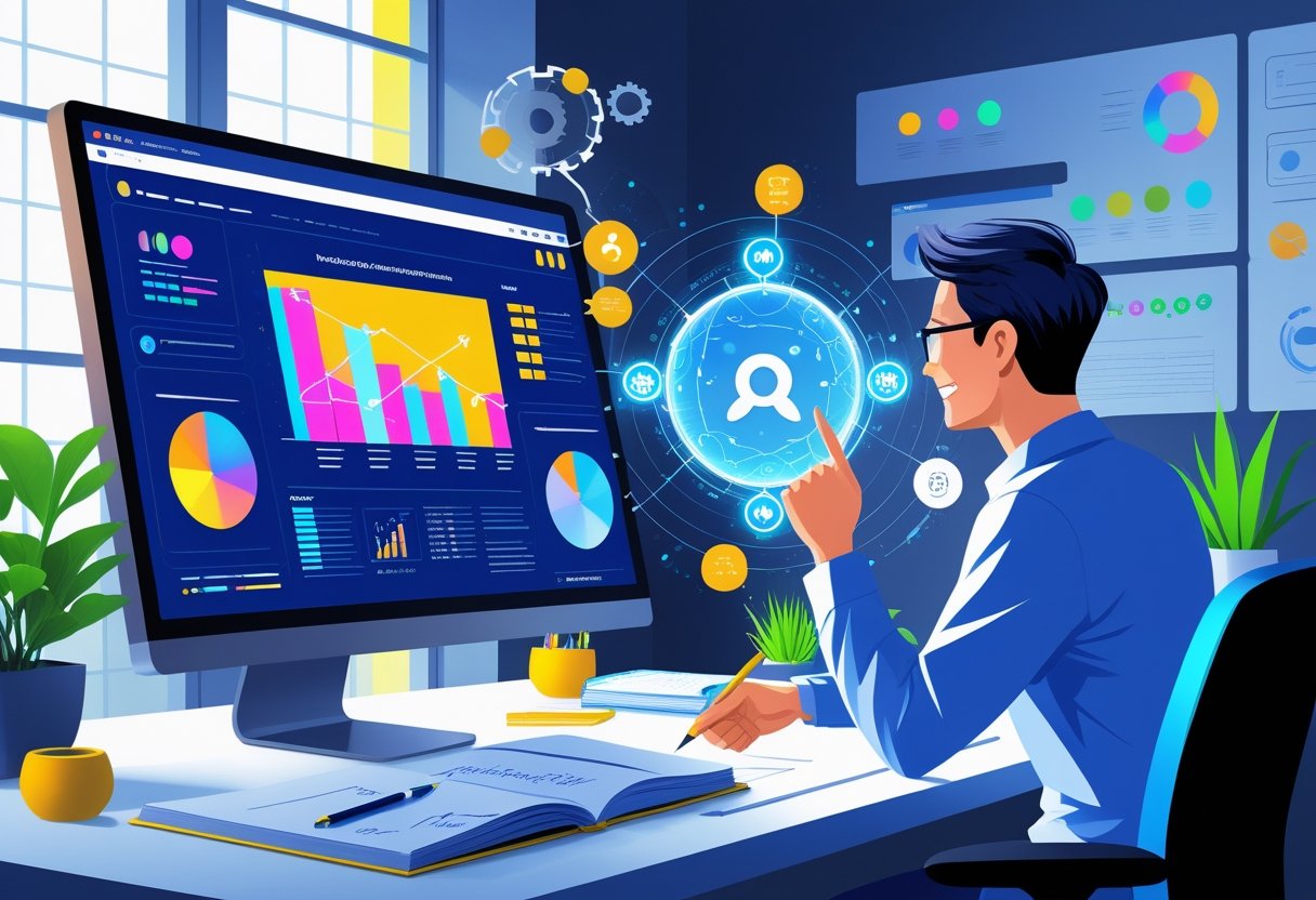 A person working at a desk with a computer showing a colourful presentation slide, interacting with a glowing AI figure in a bright, organised workspace with plants and natural light.