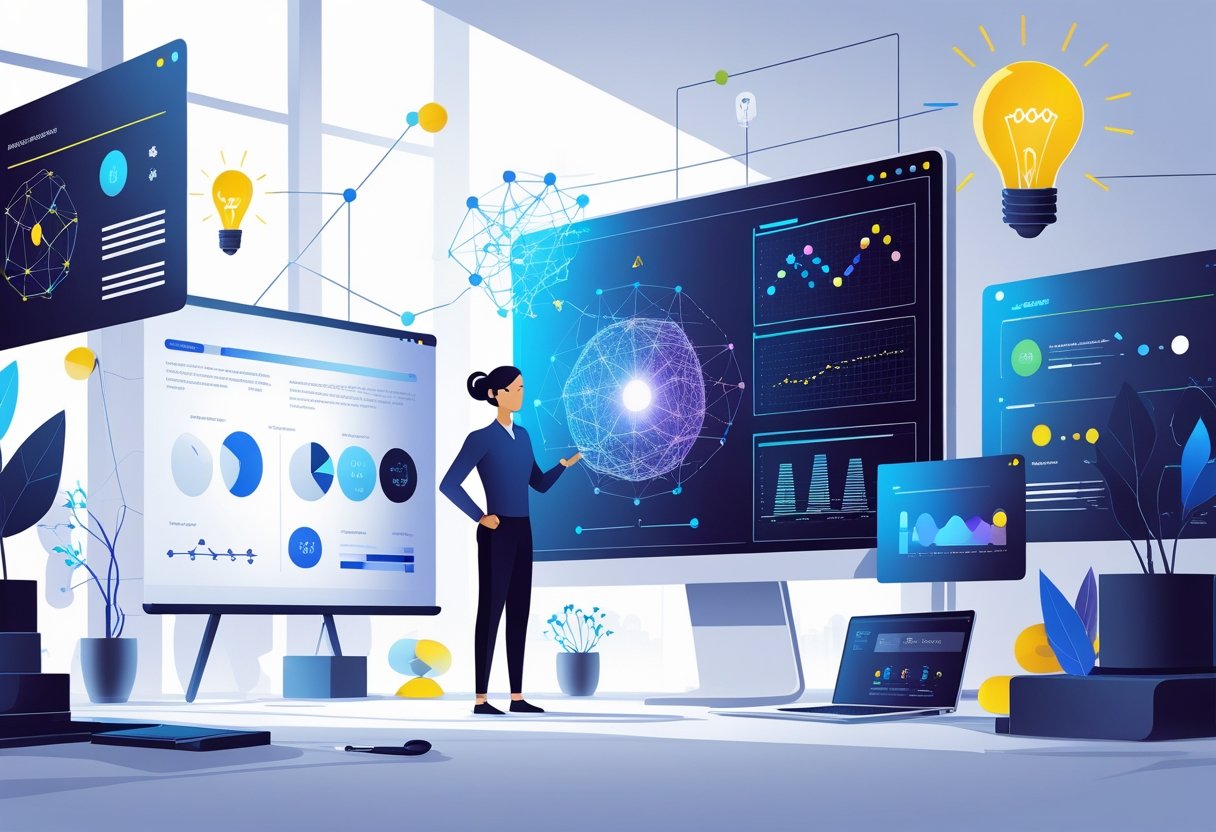 A person standing beside a large digital screen showing AI graphics and presentation elements in a modern office workspace.