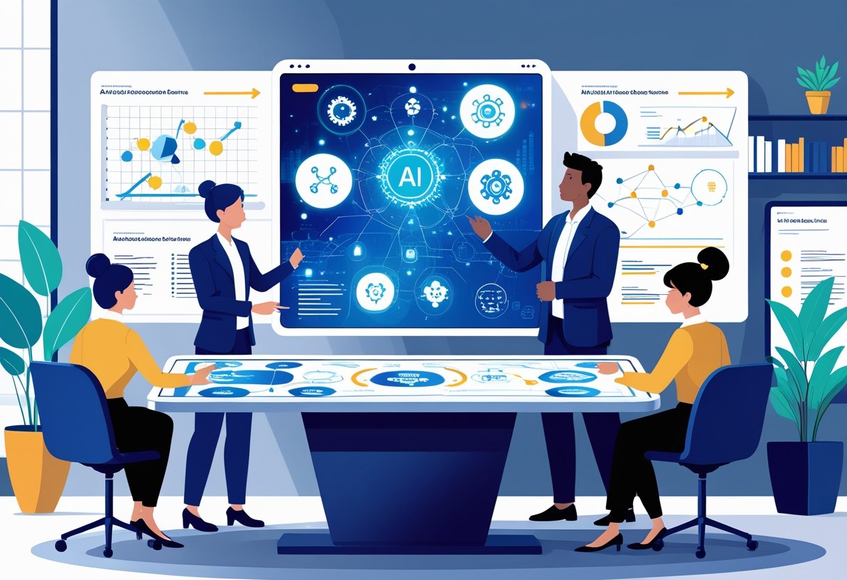 A team of professionals working together around a digital table with AI symbols and diagrams, planning a project in a modern office.