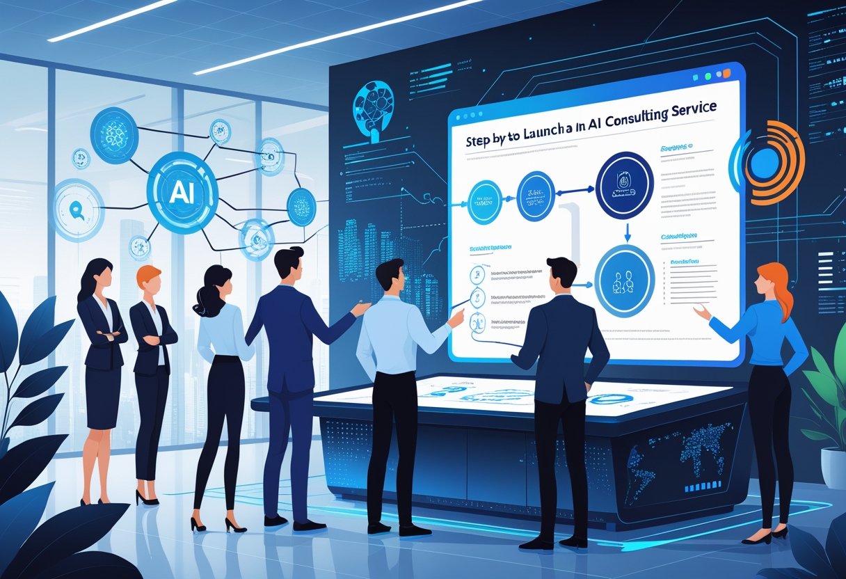 A group of professionals collaborating around a digital table with AI-related graphics, working together to plan the launch of an AI consulting service.