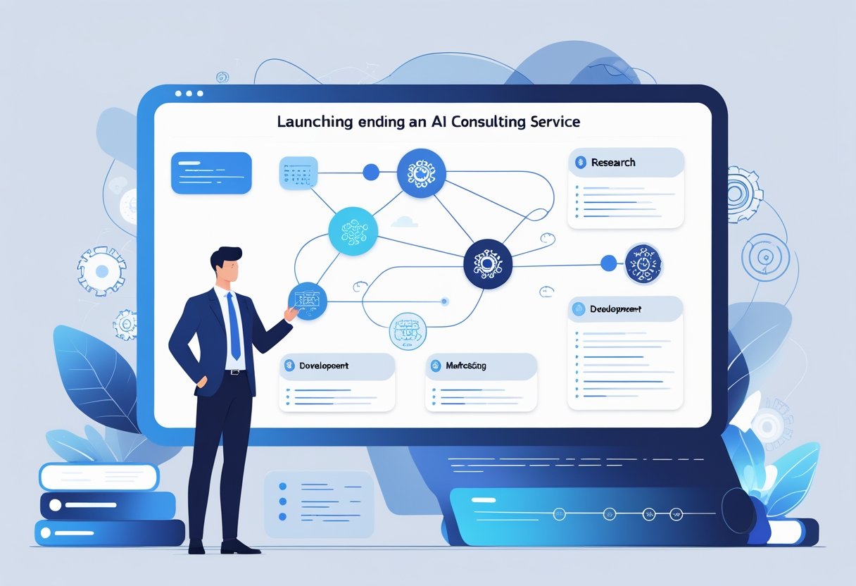 A business professional stands beside a digital screen showing a clear flowchart of steps to start an AI consulting service, with symbols representing AI and technology in a modern office setting.
