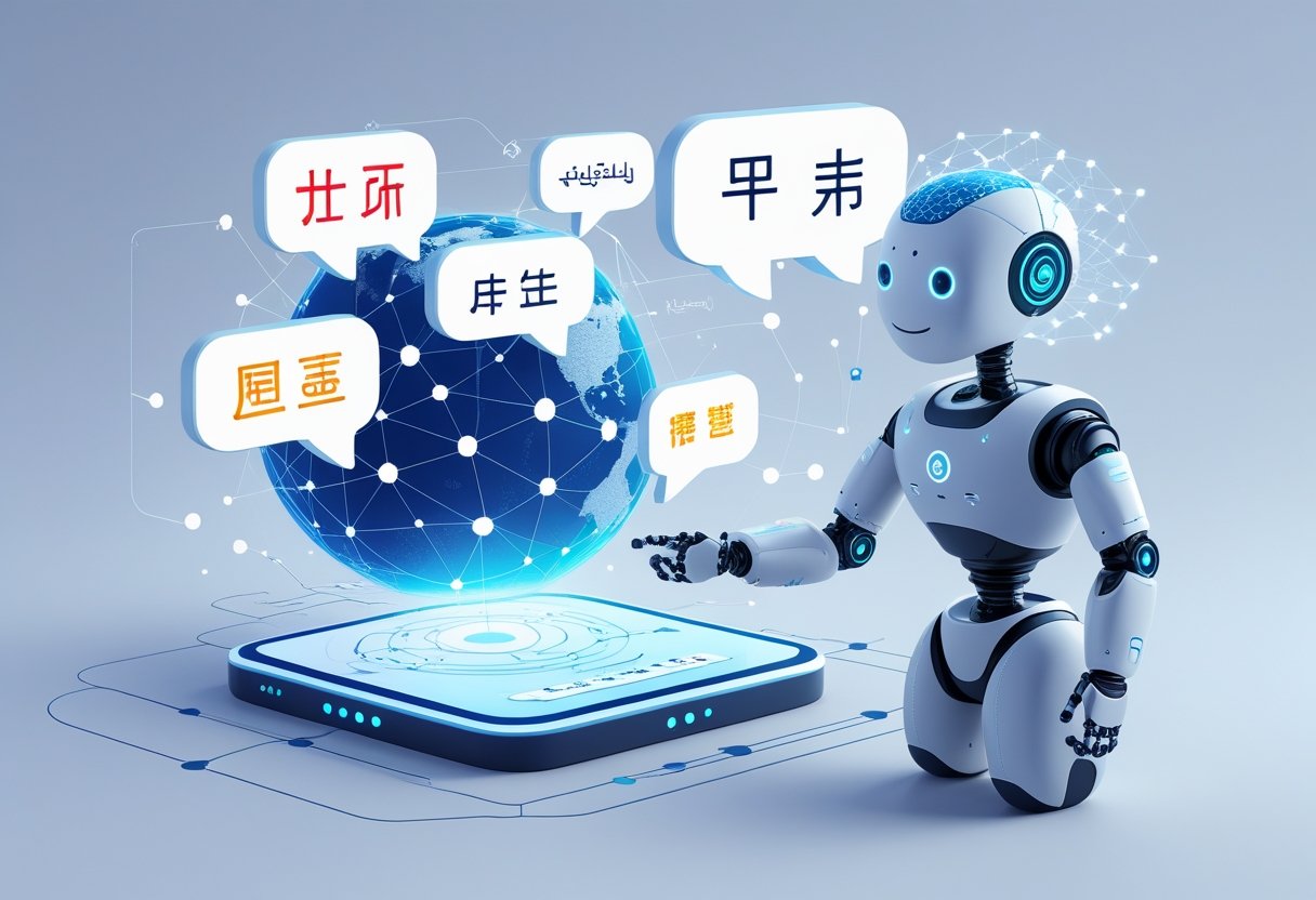 A humanoid AI robot interacting with a digital globe surrounded by floating language symbols and data connections.