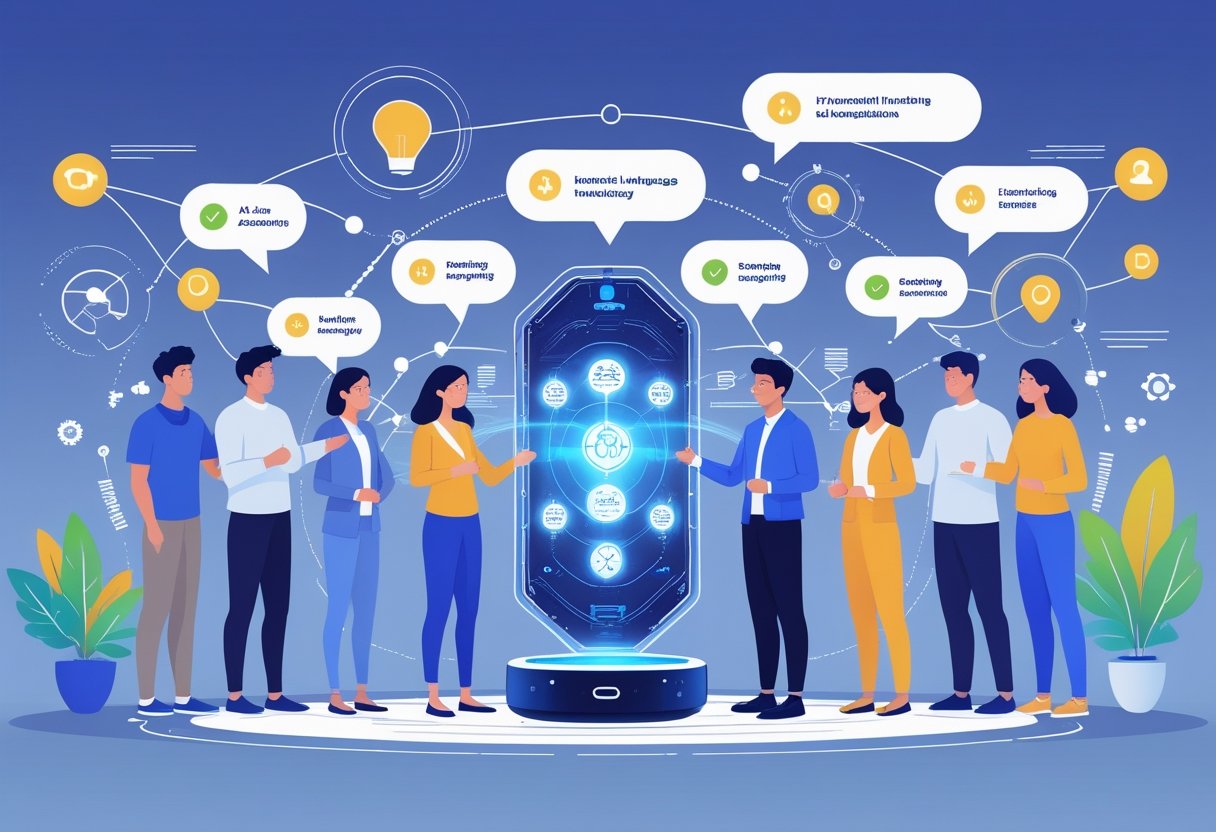 A group of diverse people communicating through a glowing AI device that connects speech bubbles in different languages, set in a modern workspace with digital technology elements.