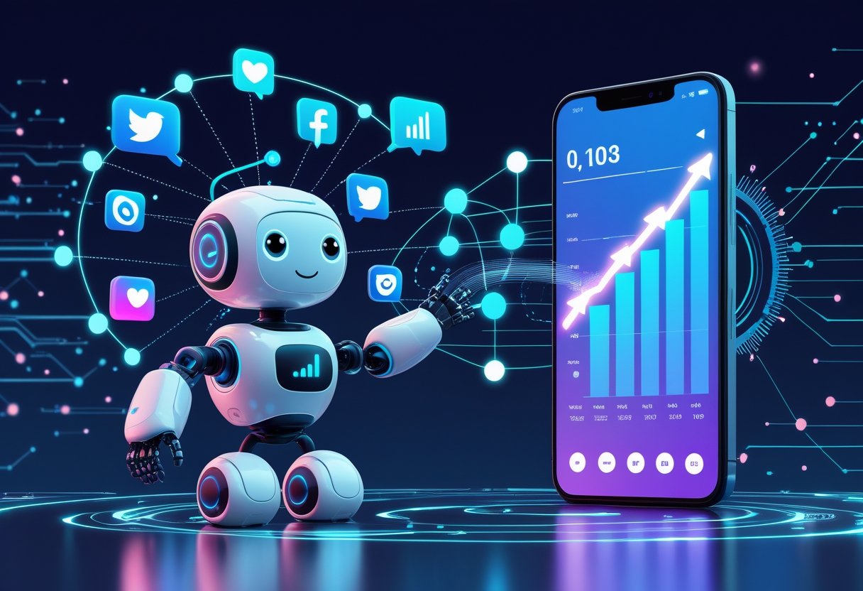 A friendly AI robot interacting with floating social media icons and a smartphone screen showing growth charts, set against a digital network background.