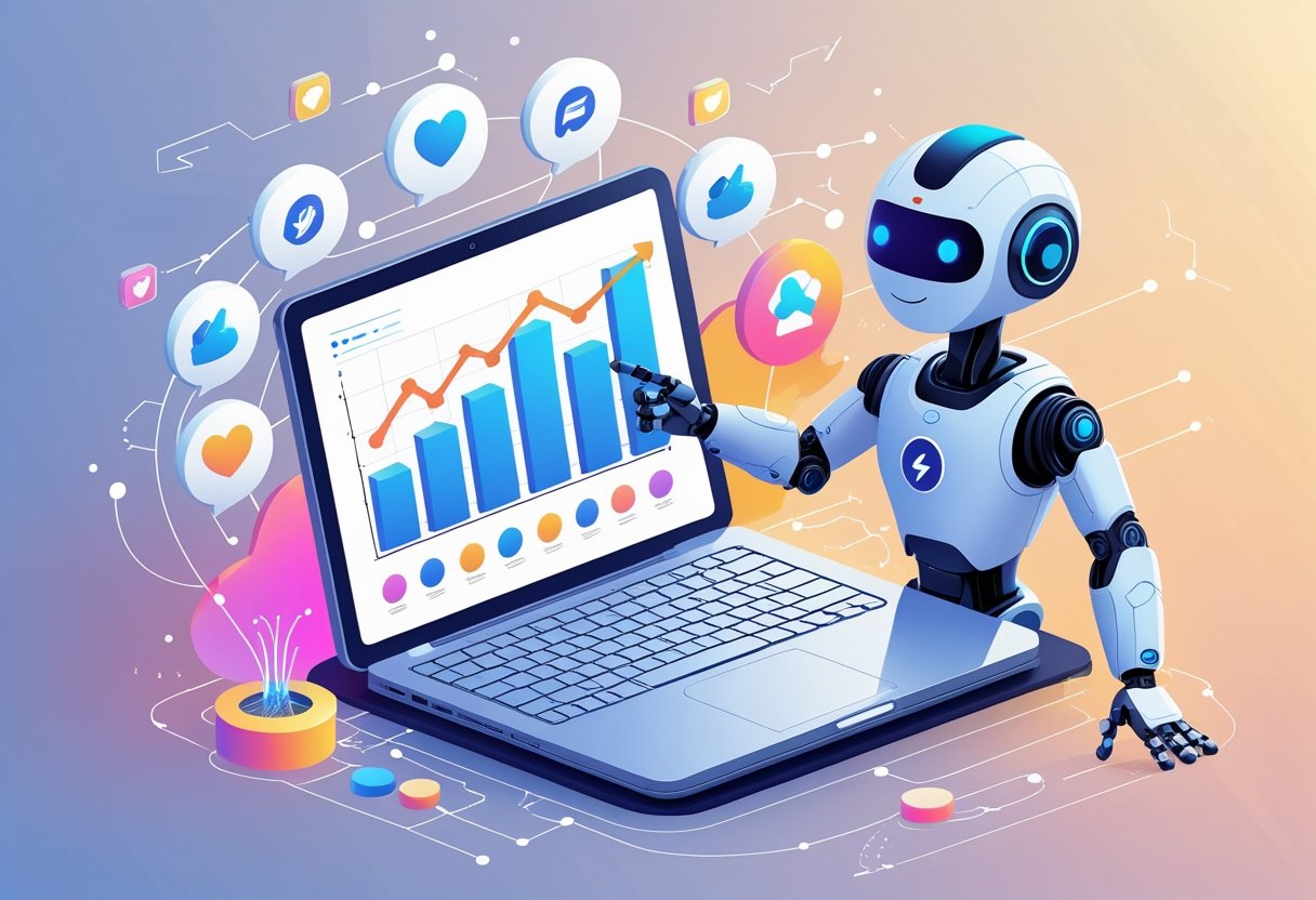 A workspace with a laptop showing data charts, a friendly AI figure pointing at ascending arrows and social media icons around, symbolising social media growth steps.