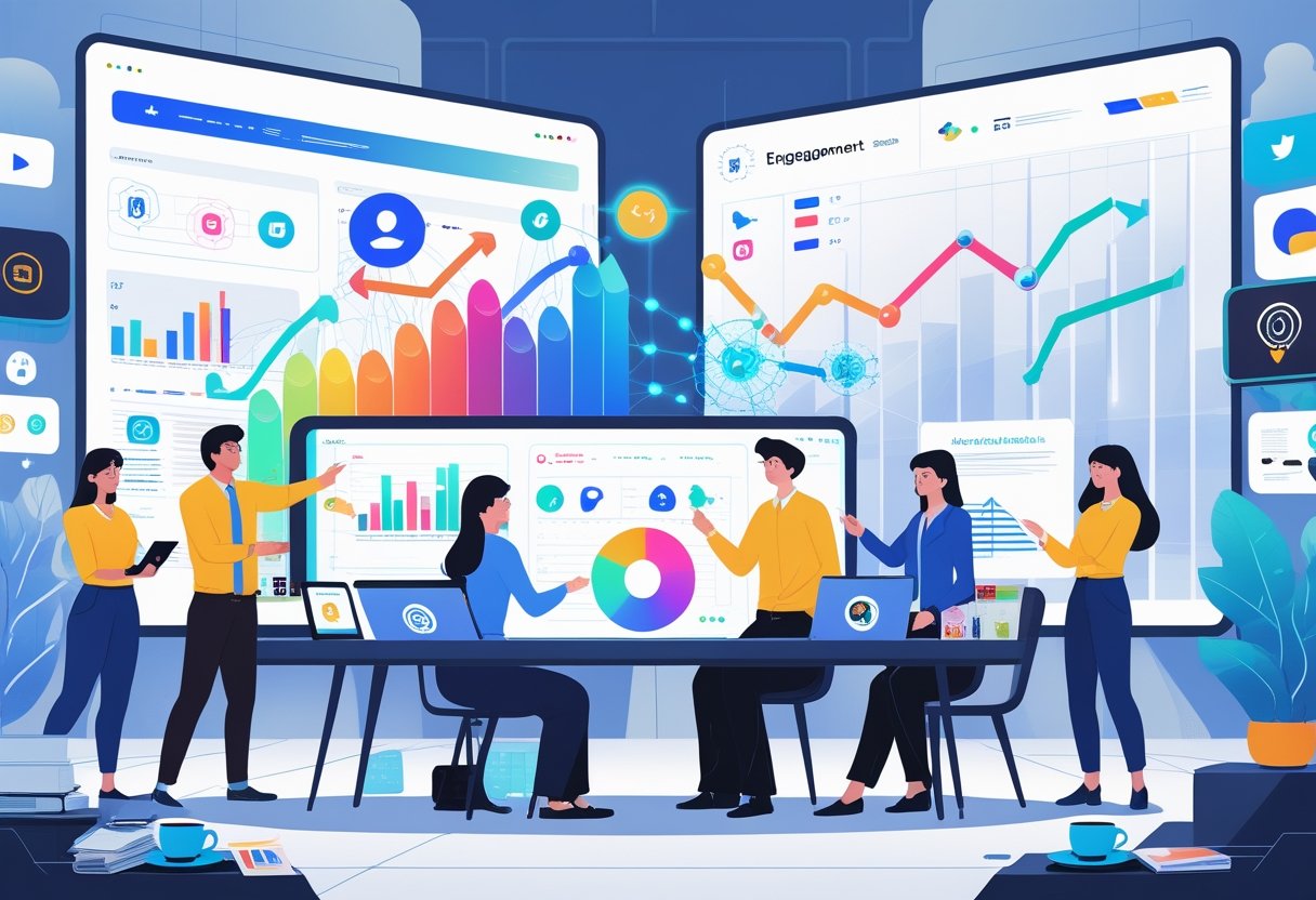 A group of professionals working together around a digital table with social media and AI graphics, surrounded by large transparent screens showing data and analytics.