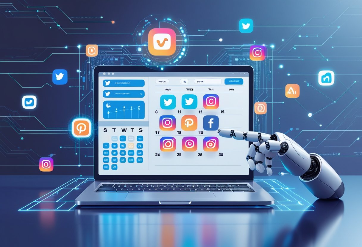 A digital workspace showing a laptop with a calendar of scheduled social media posts and holographic AI elements around it.