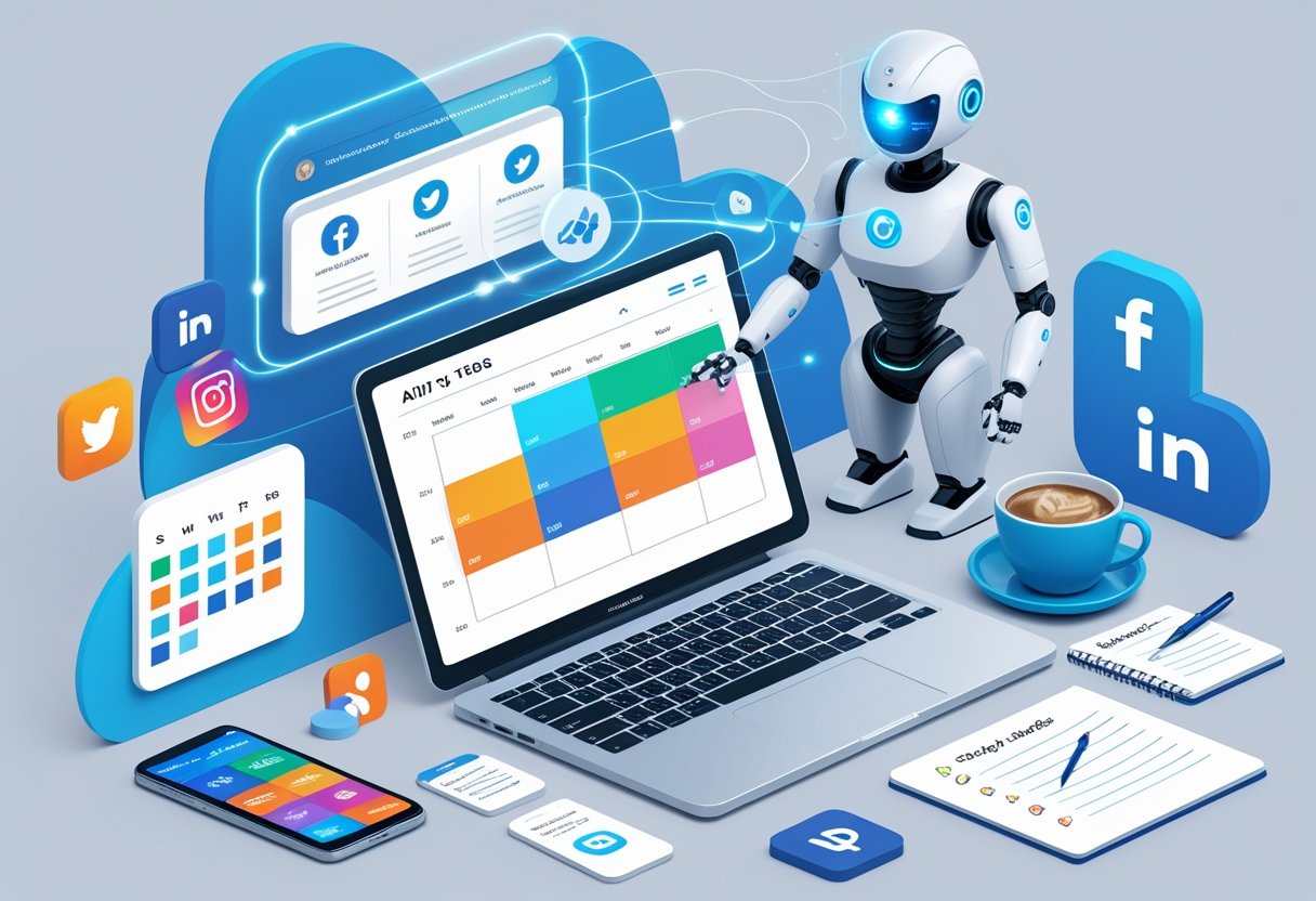 A workspace with a laptop displaying a social media calendar, surrounded by social media icons and a holographic AI assistant projecting scheduling features.