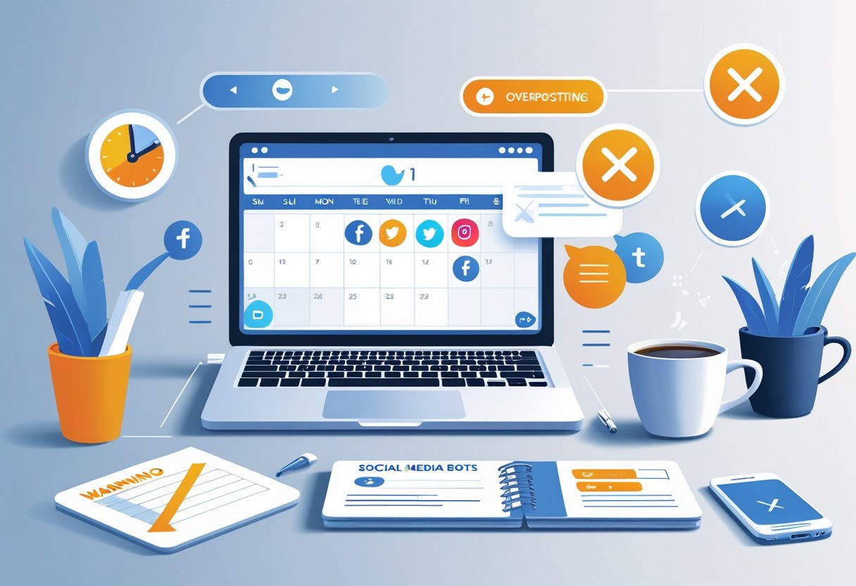 A workspace with a laptop showing a social media calendar, icons representing scheduling mistakes like poor timing, overposting, and over-reliance on automation, alongside a smartphone, coffee cup, and notepad on a tidy desk.